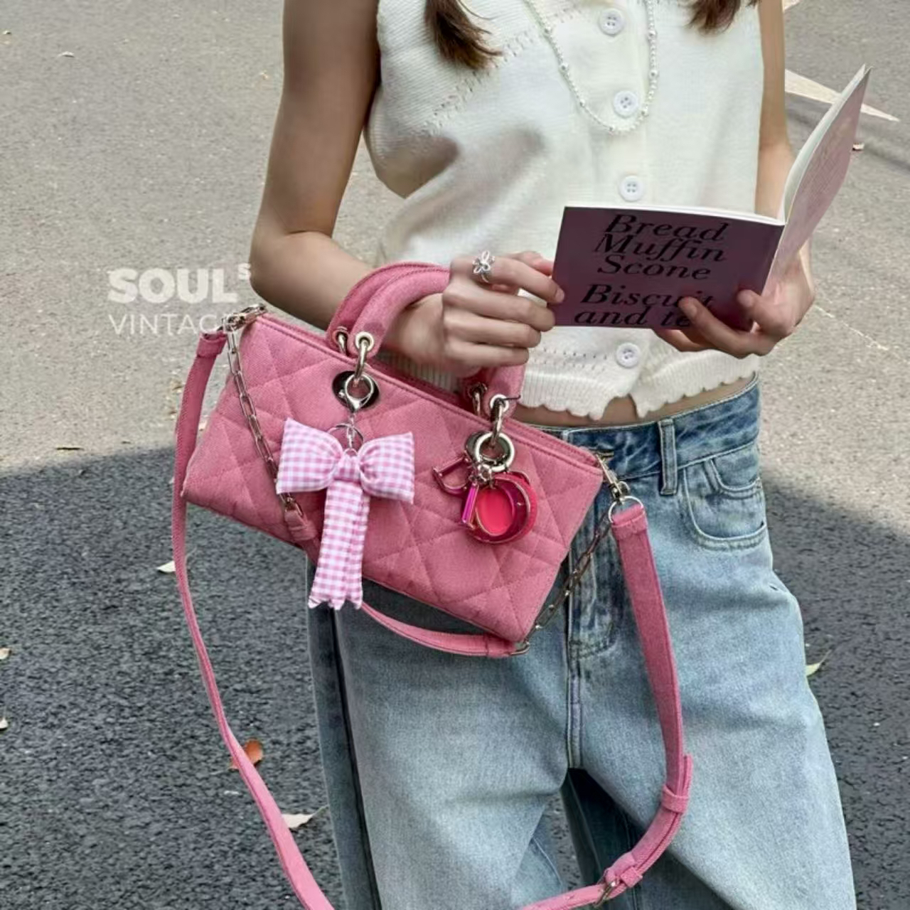 95新 DIOR/迪奥 Dior 粉金 丹宁 D-joy横版戴妃包/654015220