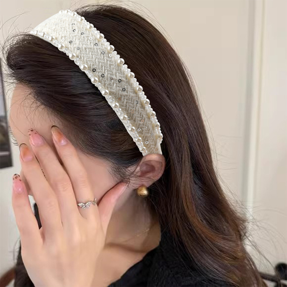 韩版小香风水晶珍珠缝制重工头箍网红高颅顶新款针织发箍