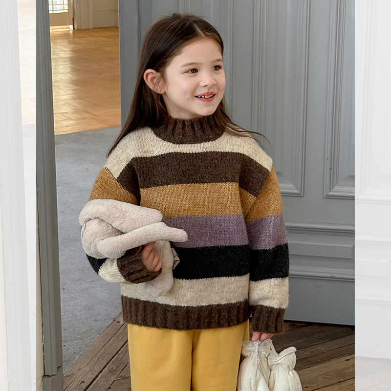 SKH2437女童韩版洋气条纹毛衣冬装新款儿童休闲保暖针织上衣潮