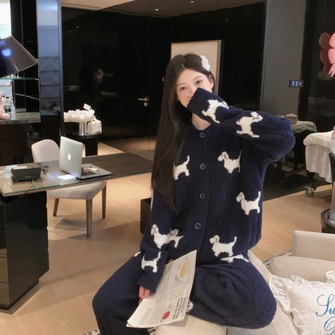 半边绒开衫藏青色小狗睡衣女秋冬季加厚保暖可外穿家居服ALE