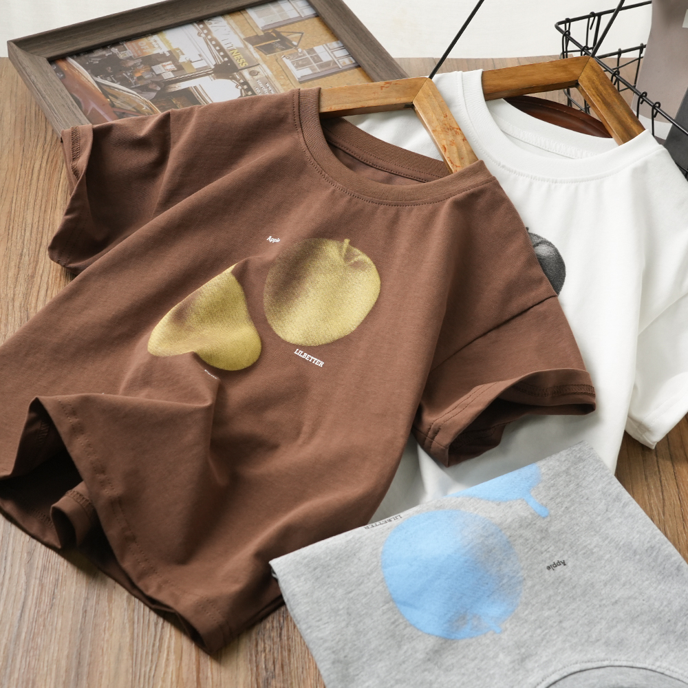 夏日简约苹果印花儿童圆领短袖T恤中大童男童半袖上衣25X17