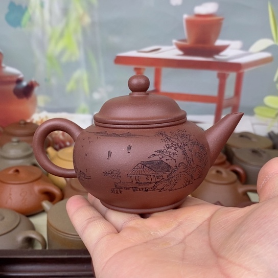 紫砂茶壶风釉羊角山紫泥水平刻绘款半手工