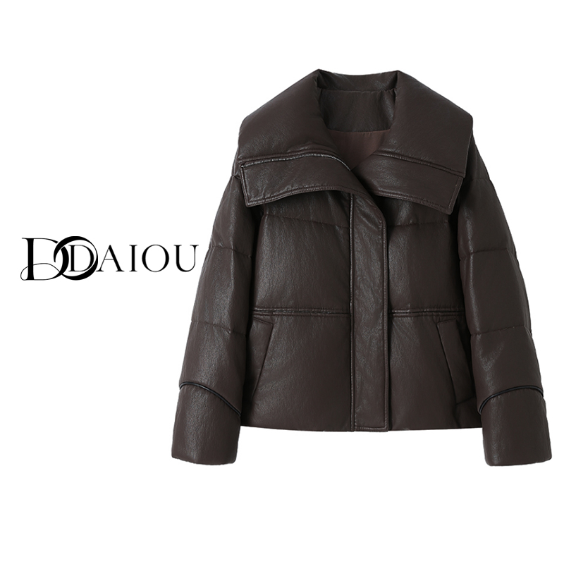 【DaiOu专属】2025新款休闲翻领树纹皮短款鹅绒服2505