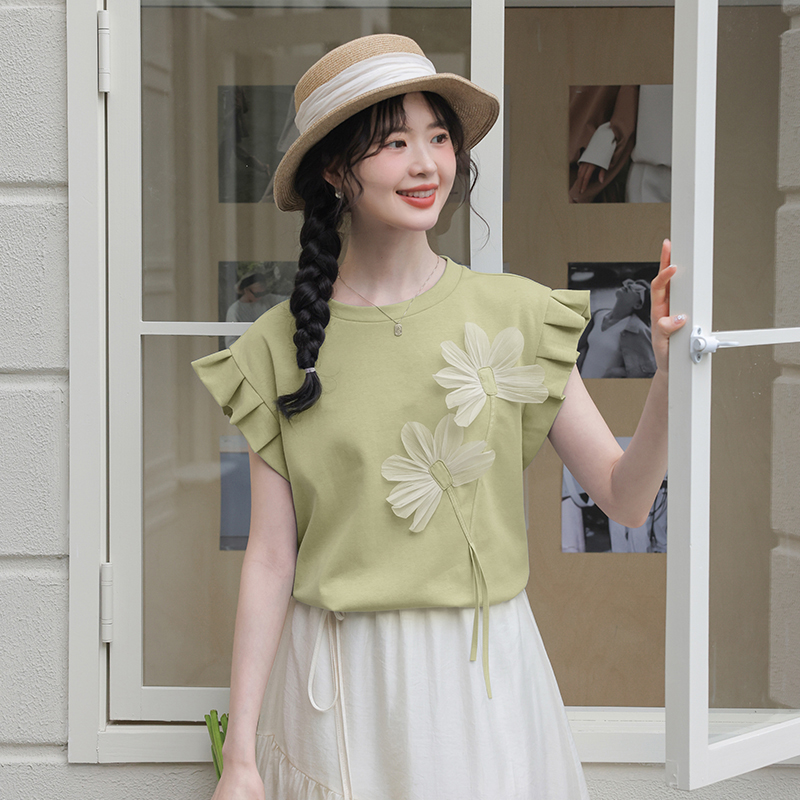 【小铃铛】TU27231复古港风拼接扎花短袖花边T恤女套头时尚上衣