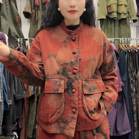 刺绣招财猫双层麻盘扣上衣红花