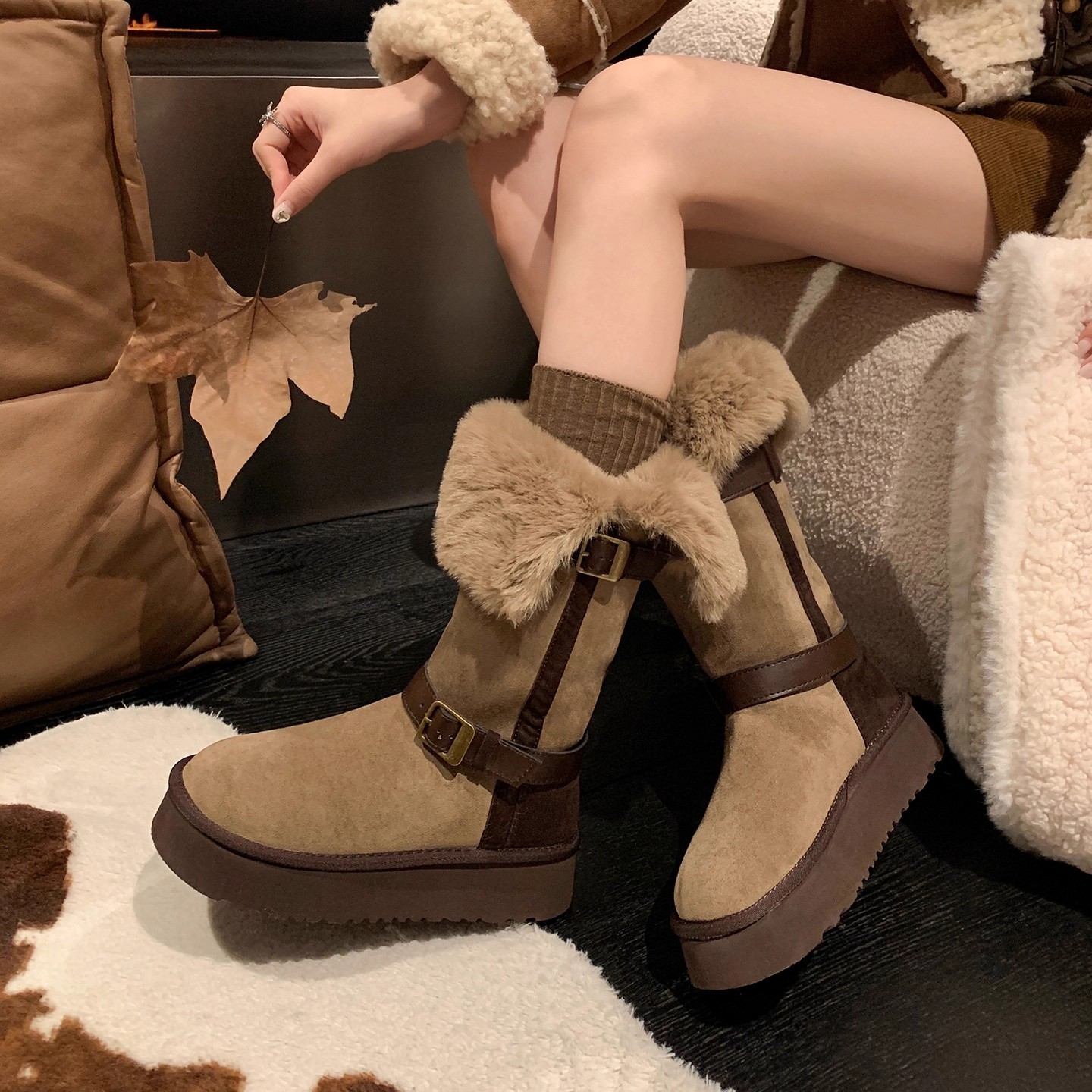 【雪国列车】加绒保暖厚底雪地靴女款2025新款冬季两穿毛绒东北棉鞋