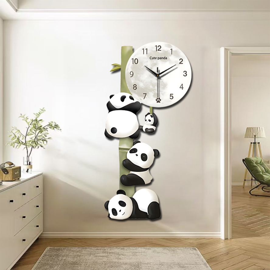 ZB94抱竹熊猫创意挂钟表客厅时钟静音钟表家用温馨时钟餐厅捡漏1