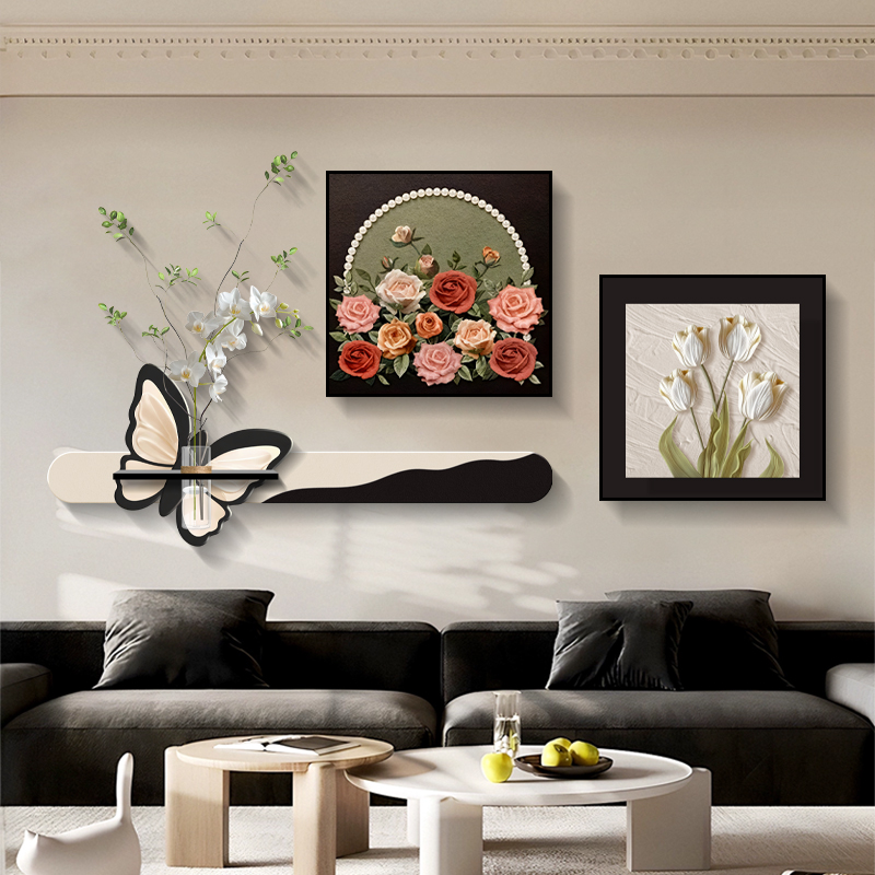 现代简约客厅装饰画轻奢高级感沙发背景墙挂画水培绿植蝴蝶挂画