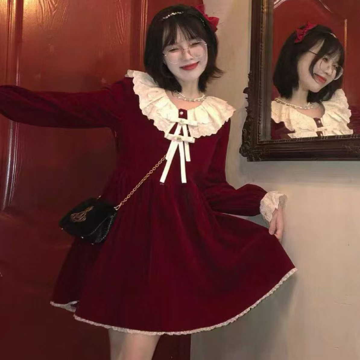 【安心推荐】圣诞娃娃领连衣裙女秋冬法式甜美蝴蝶结丝绒公主裙