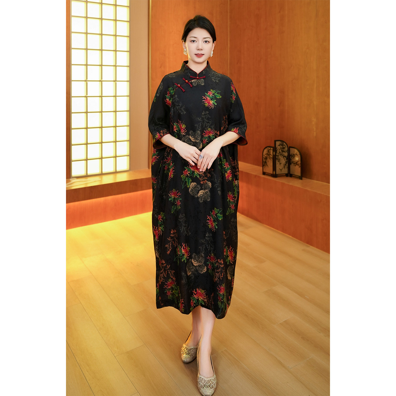2025年新款100%桑蚕丝花开河岸莨纱改良连衣裙