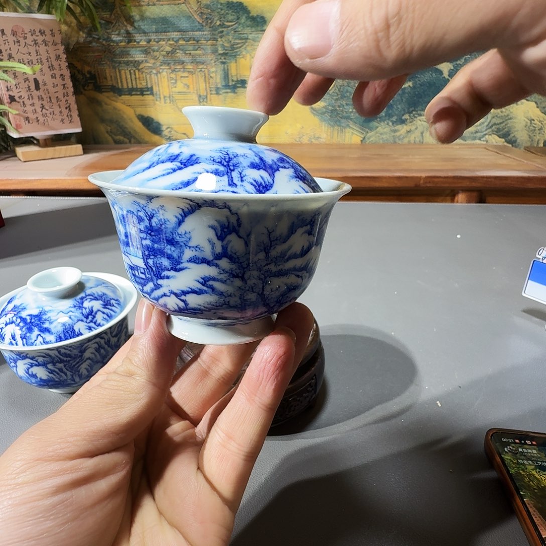 桑***人泥塑盖碗手工手绘