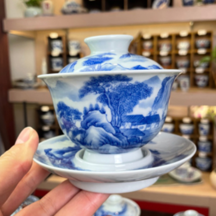 德物小雅150ml纯手工手绘三才元宝山水盖碗