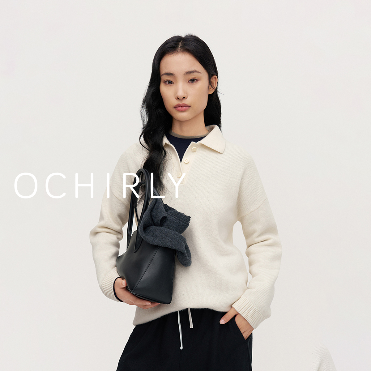 OCHIRLY欧时力 100%羊毛Polo领毛衣女上衣宽松中长秋冬新品
