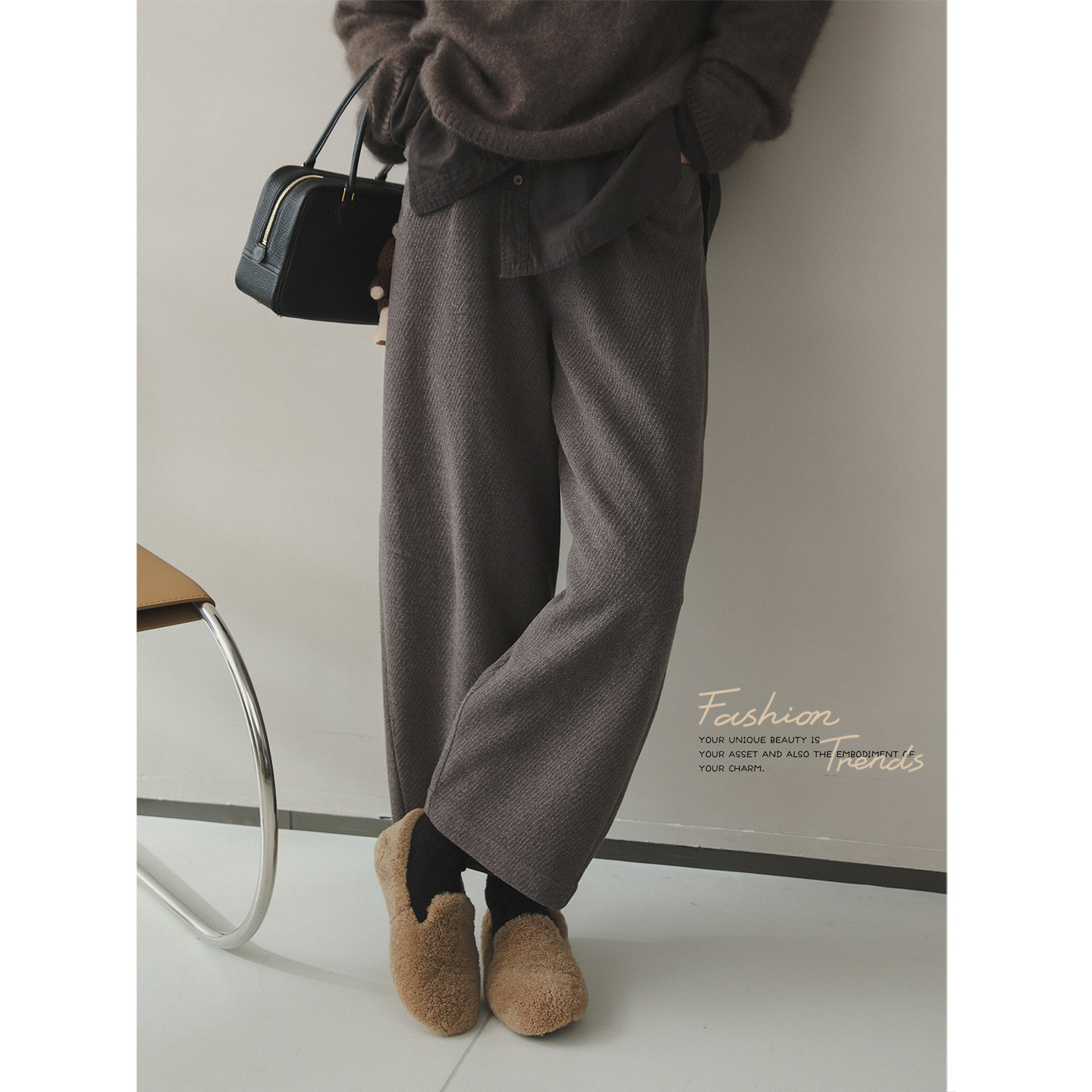 苹果的生活家|松弛懒人裤 松紧腰藏肉阔腿九分厚奶奶裤休闲长裤童