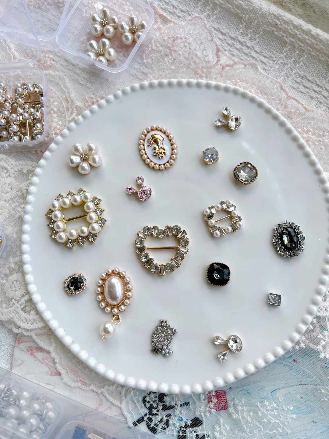 复古高档小香珍珠镶钻领结扣可爱卡通合金钻水晶diy配件发饰配件