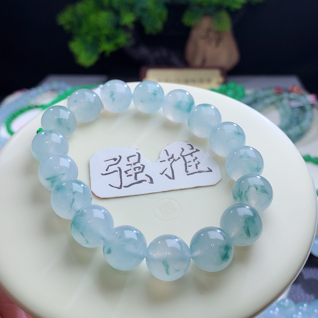 未镶嵌手串翡翠卡12.5mm冰飘蓝花 种水冰透 花色灵动！