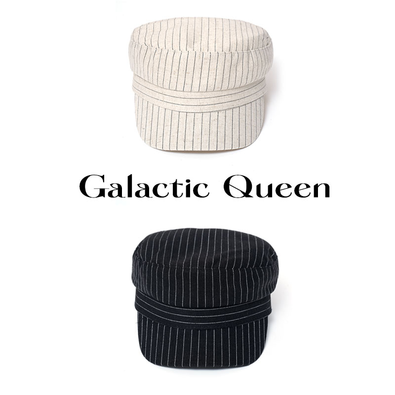 Galactic Queen高品质时尚棉麻条纹平顶八角帽报童帽