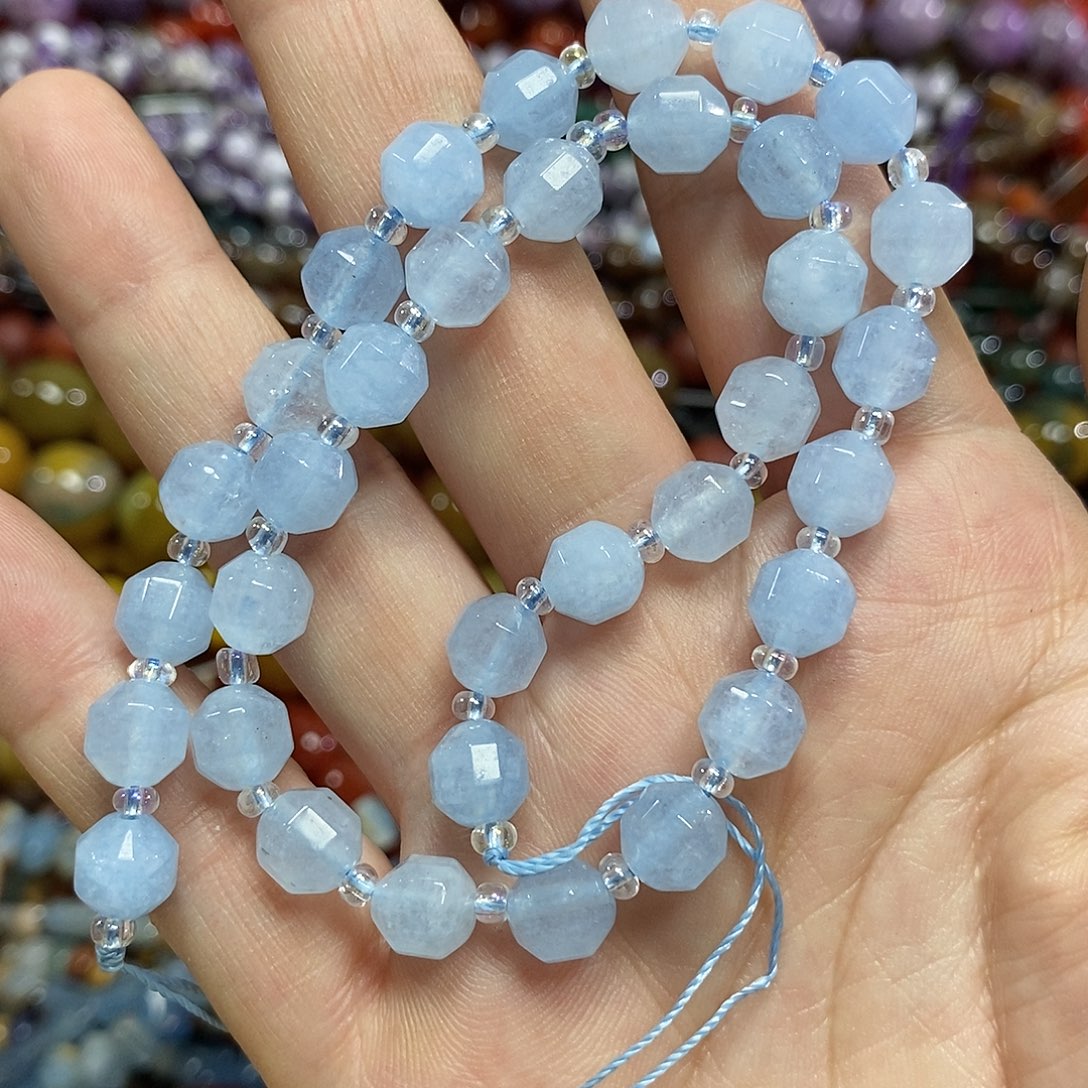 玛瑙/玉髓未镶嵌珠宝半成品海蓝路路通一条卡8mm