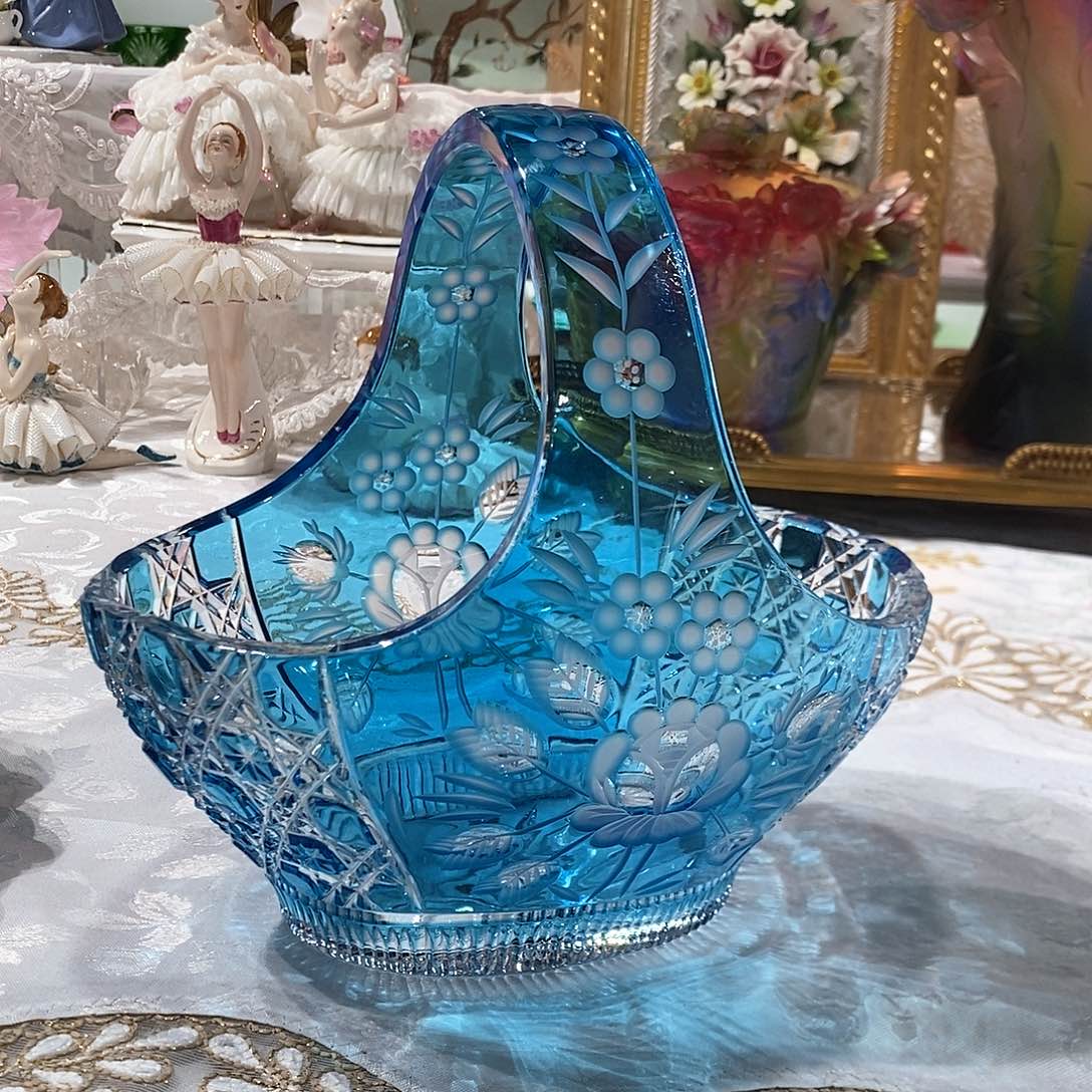 摆件0180进口水晶冰蓝色提篮果篮