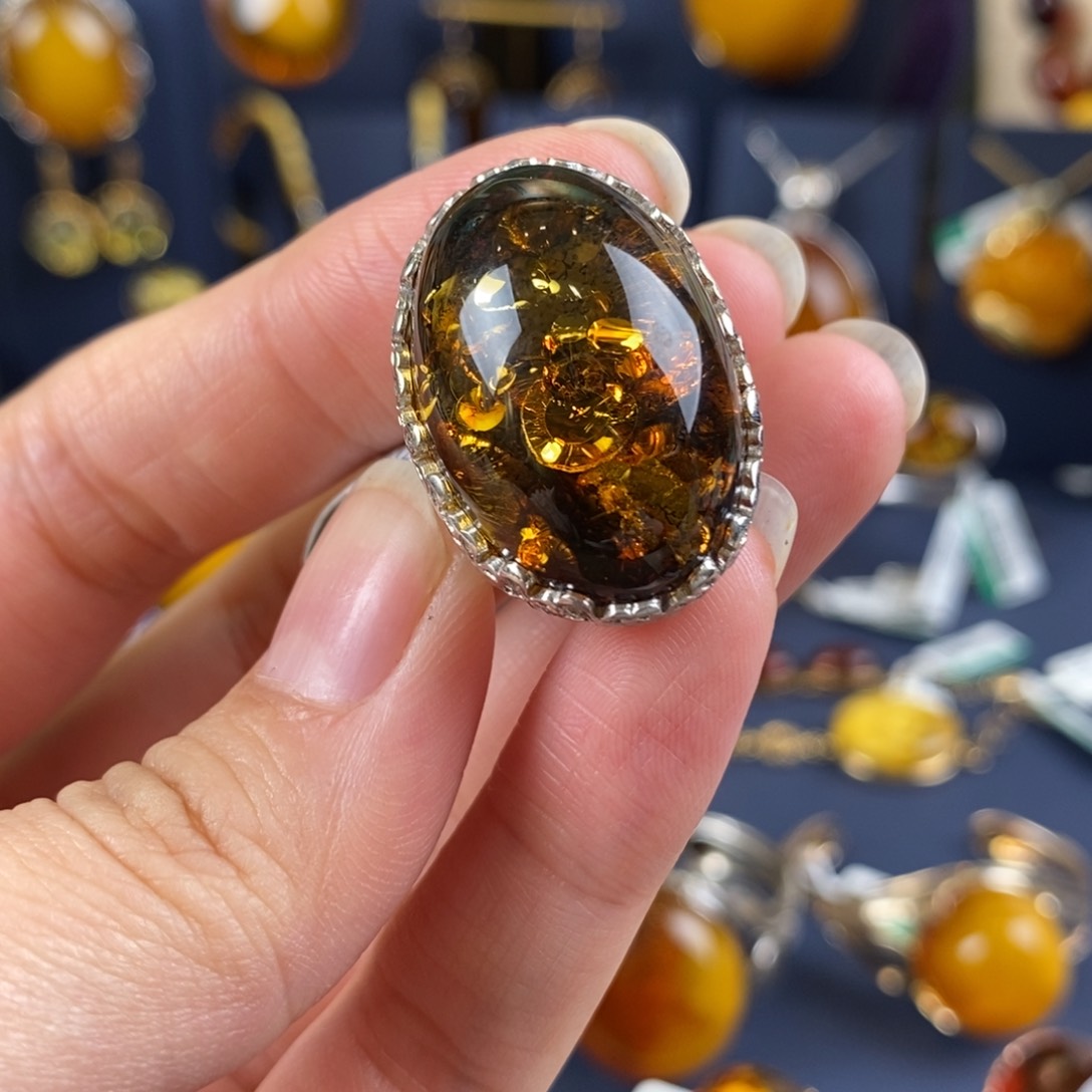琥珀戒指银S925镀金镶嵌