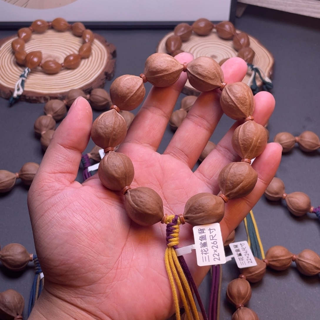 培***林橄榄核手串梅林铁核三花鲨鱼背原皮素串22×26尺寸