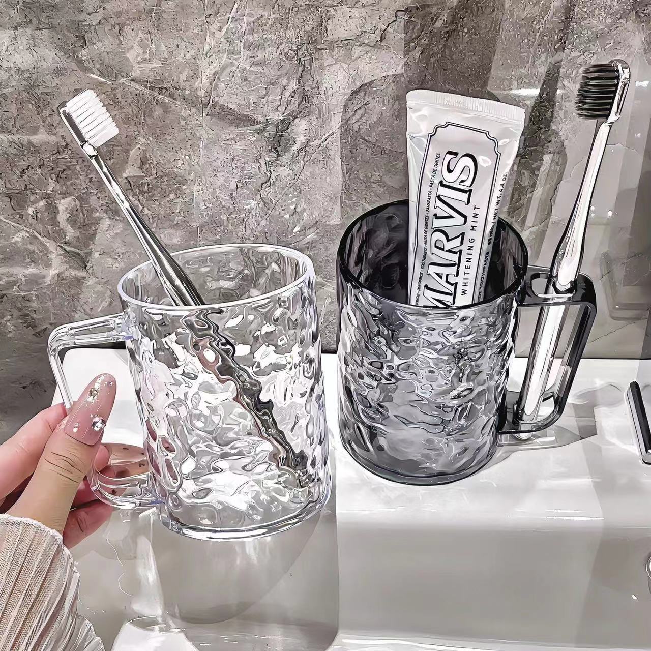 冰川纹漱口杯透明牙杯波纹水杯学生情侣轻奢洗漱杯带把手