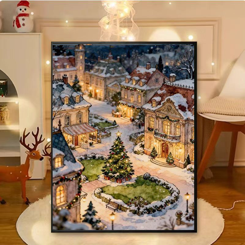 DIY/数字油画冬灯圣诞节小镇数字油画diy填充涂色手丙烯装饰挂画