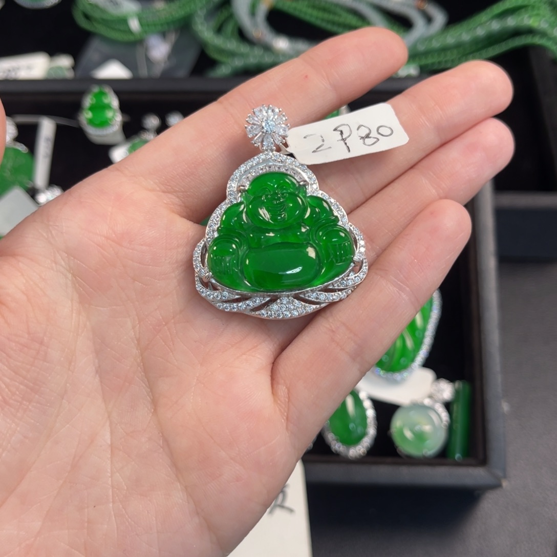 猫***咪翡翠银S925镶嵌戒指佛公吊坠