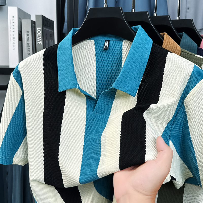 夏季新款POLO衫男士短袖新款条纹多巴胺T恤潮流时尚翻领上衣