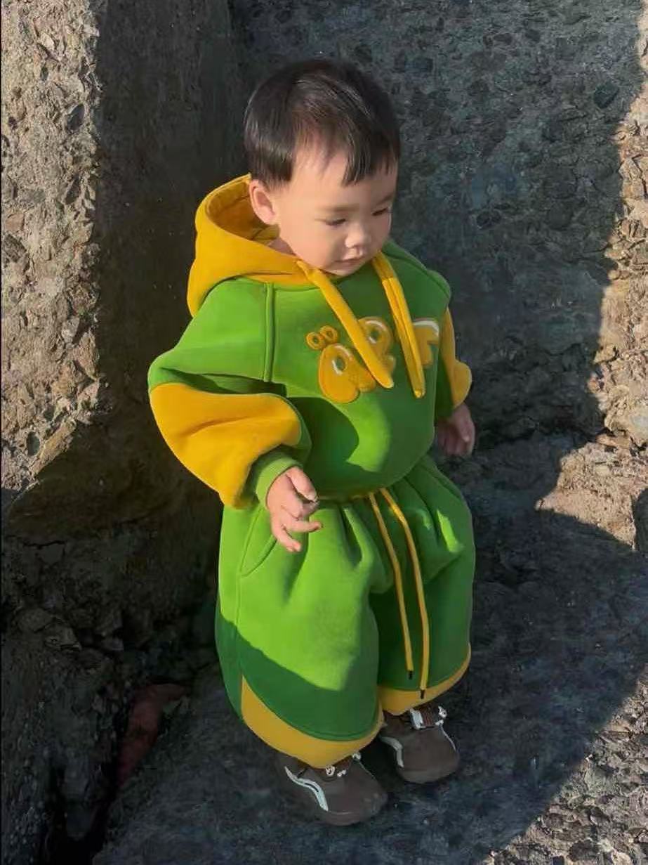 Y1【加绒加厚】【绿色A字母带绳连帽卫衣+绿色A字母运动裤】冬