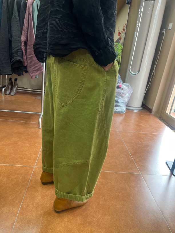 口袋款老布牛油果绿色休闲裤