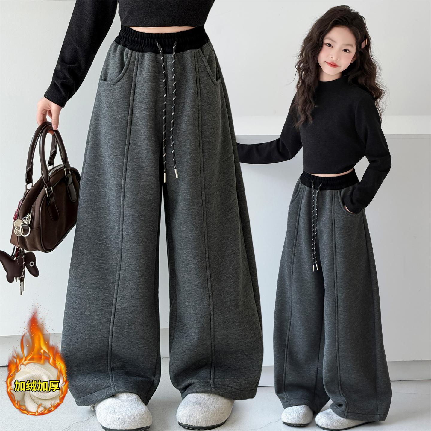 女童加绒卫裤冬装新款女中大童一体绒休闲裤加厚保暖裤子宽松童裤