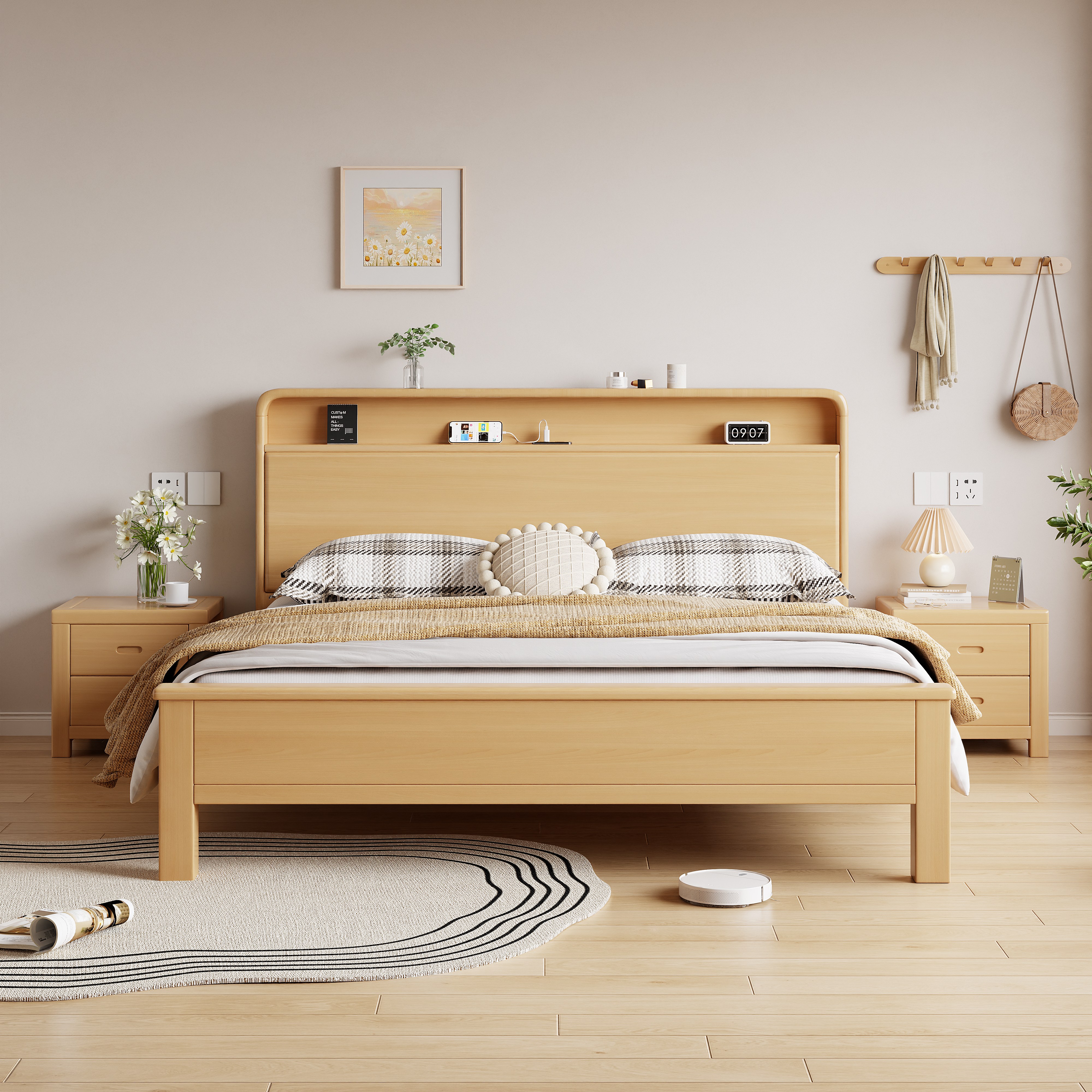 全高箱实木床榉木家用床儿童成人床北欧卧室现代简约储物主卧大床