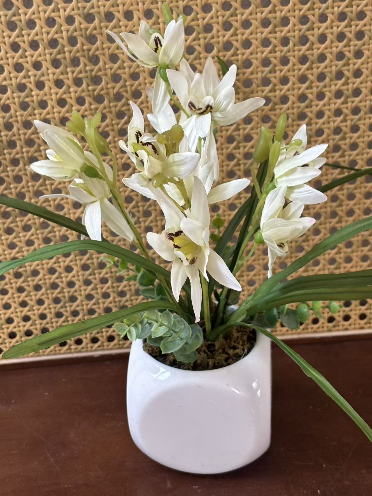 仿真白色花墨兰花卉室内绿植带花盆底