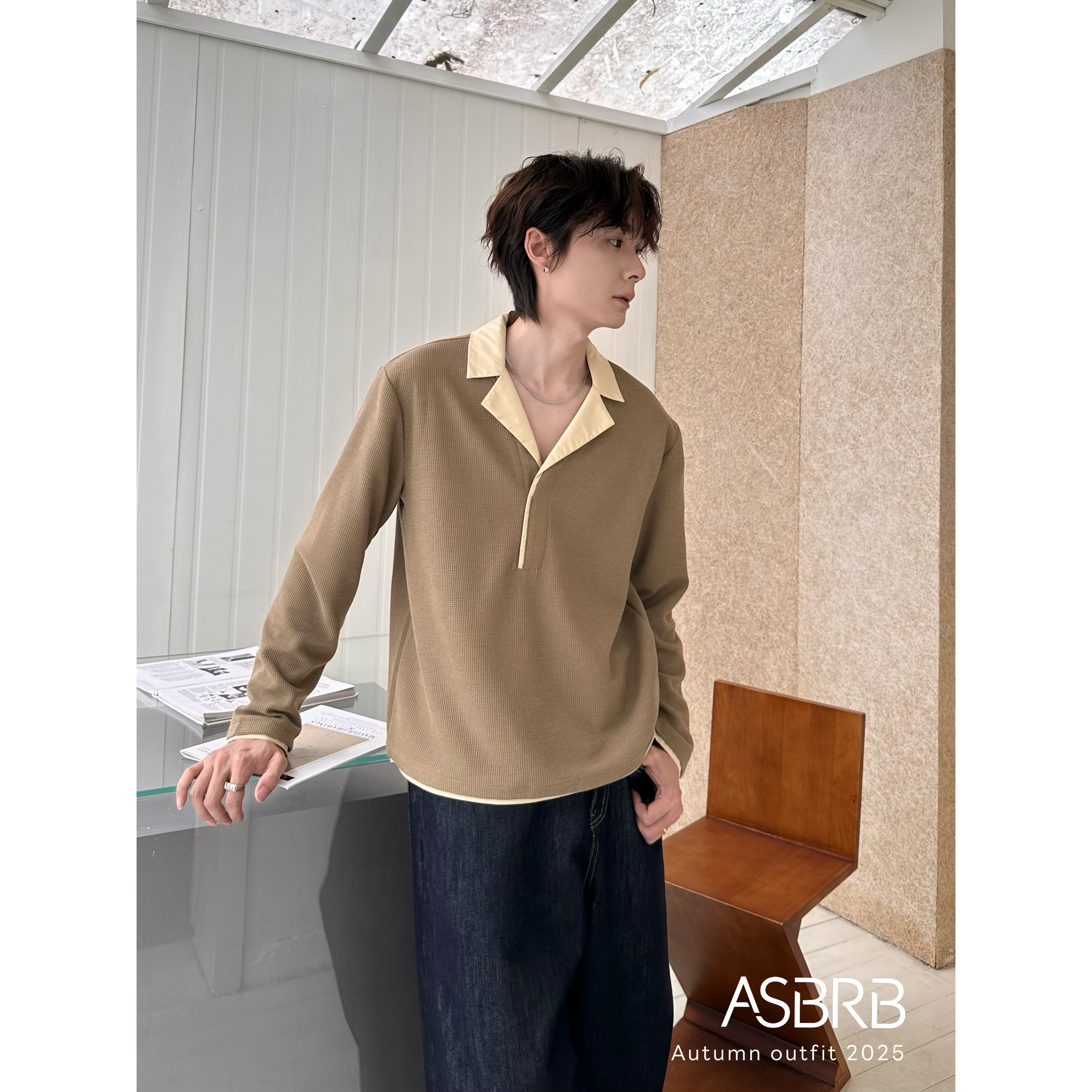 【ASHENG BRB】25A/W假两件拼接撞色翻领长袖T恤宽松休闲打底衫