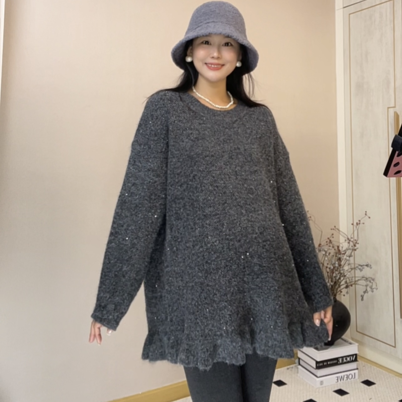 【原版品质】孕妇圆领木耳边重工亮片慵懒风冬季百搭宽松针织毛衣