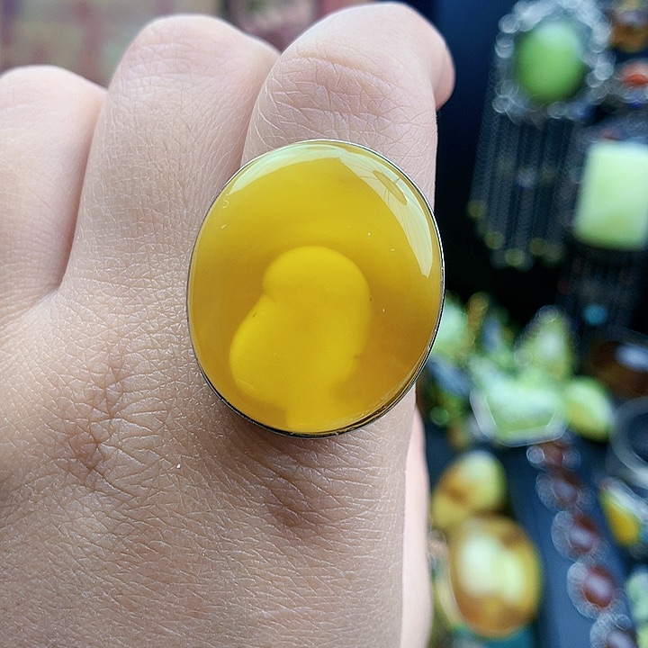 琥珀裸石银S925镶嵌戒指