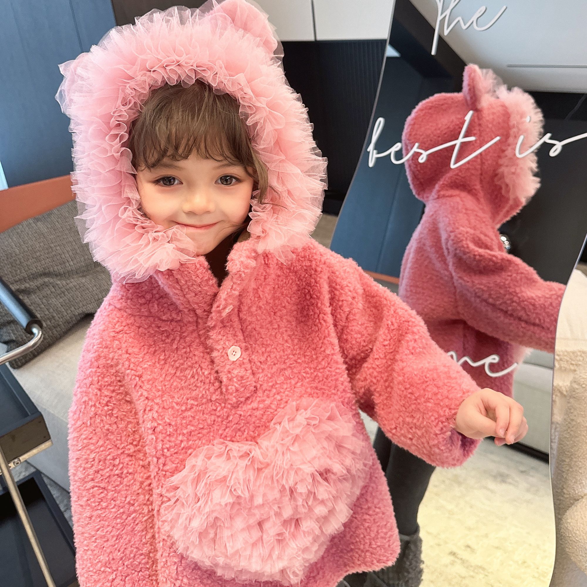 【Mt studio】K【新款】精致爱心网纱连帽毛毛上衣女童冬季可爱韩版