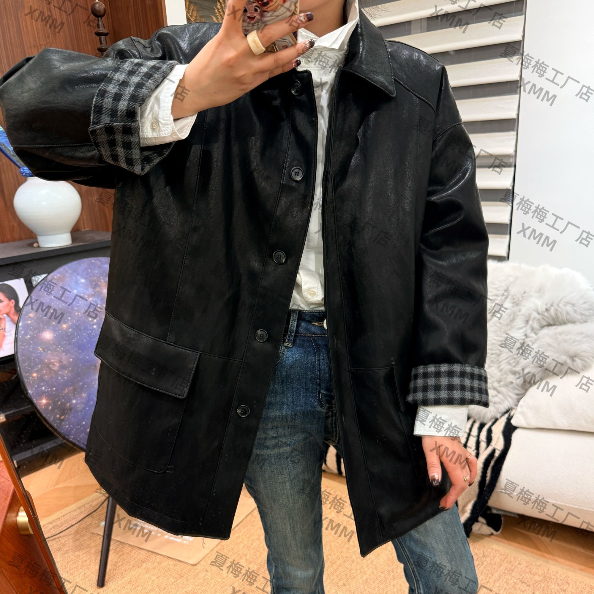 XMM.【格子翻遍袖皮羽绒服】时尚百搭保暖冬季防风宽松韩版休闲常规