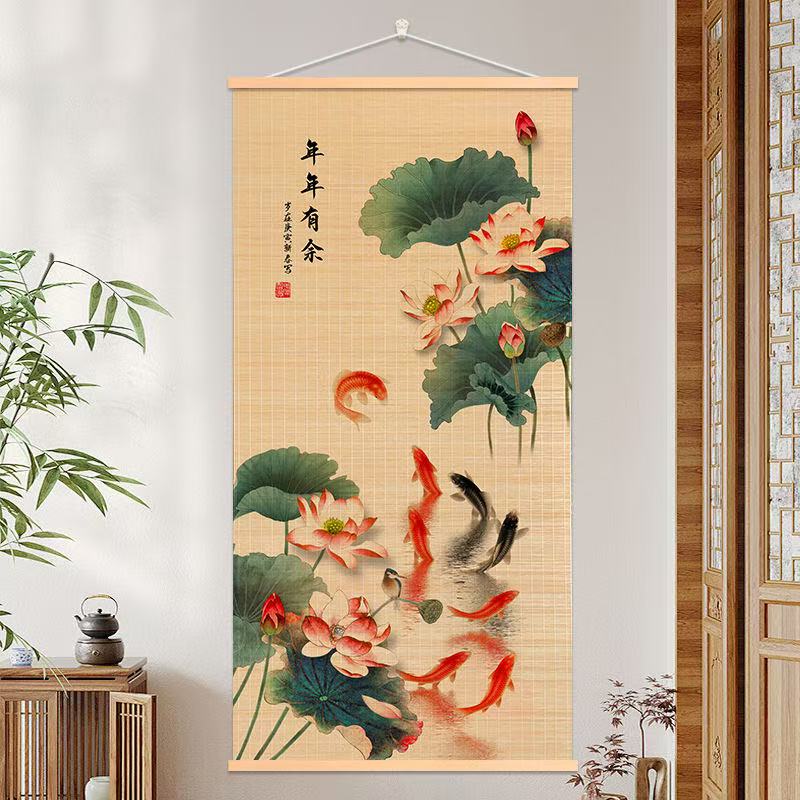 【富贵九鱼图】竹编挂画茶室书房玄关卧室客厅装饰挂画装饰画高级感