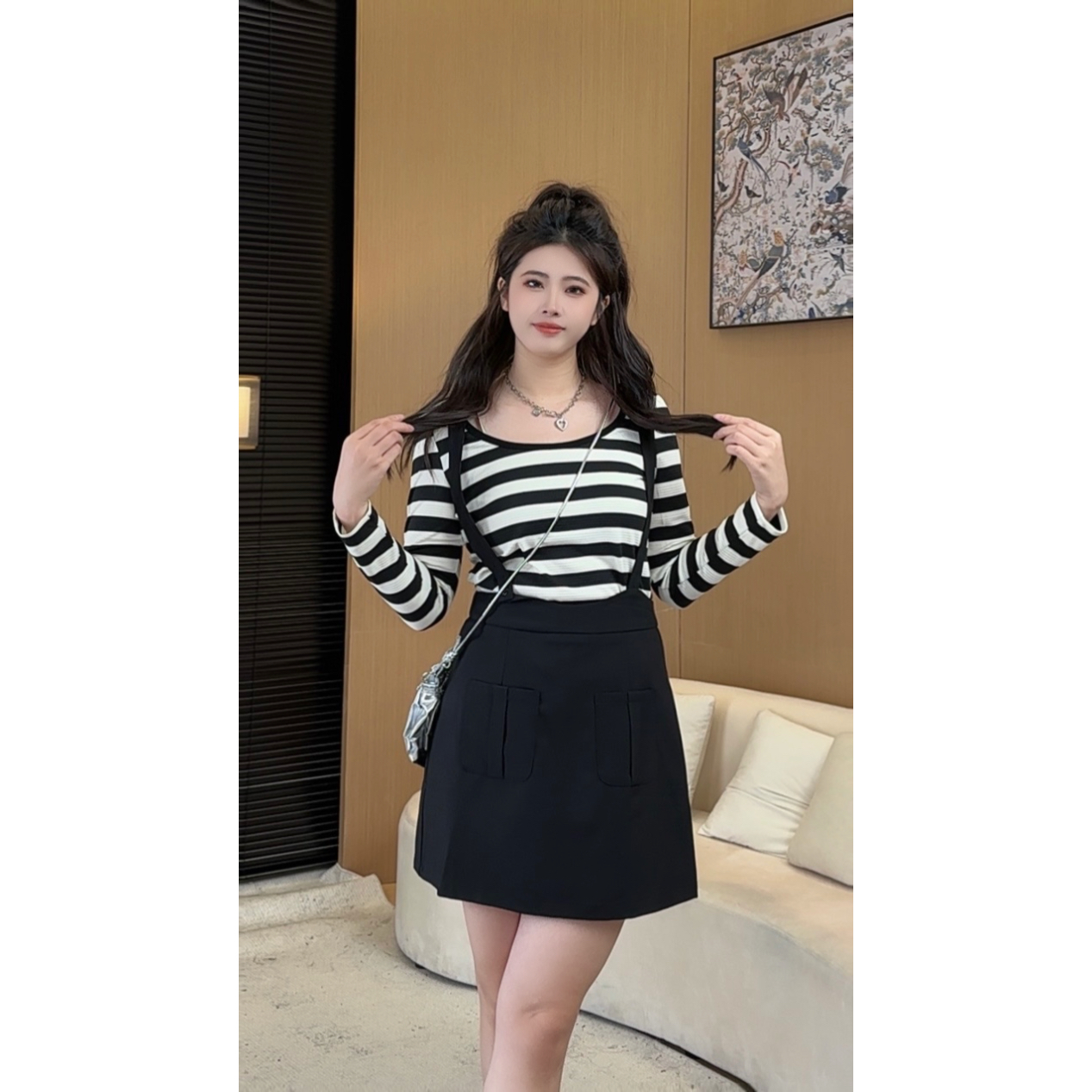 琦琦微胖定制~【MQ173】秋季显瘦减龄格纹上衣+背带裙两件套