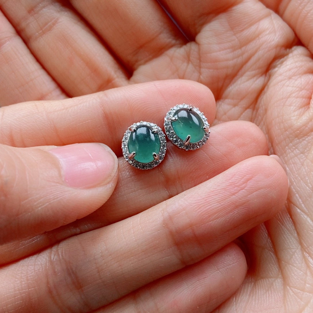 翡翠耳饰银S925镶嵌茉**茶翡翠首饰