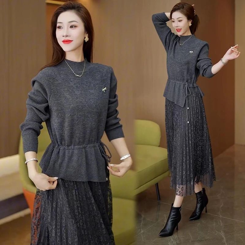 时尚气质针织假两件连衣裙女拼接蕾丝裙显瘦长大码红色小香风套装