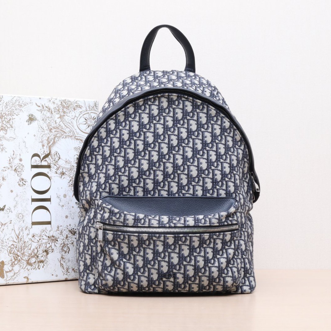 99新 DIOR/迪奥 小花6花 Rider 双肩包 墨蓝色 帆布 银扣