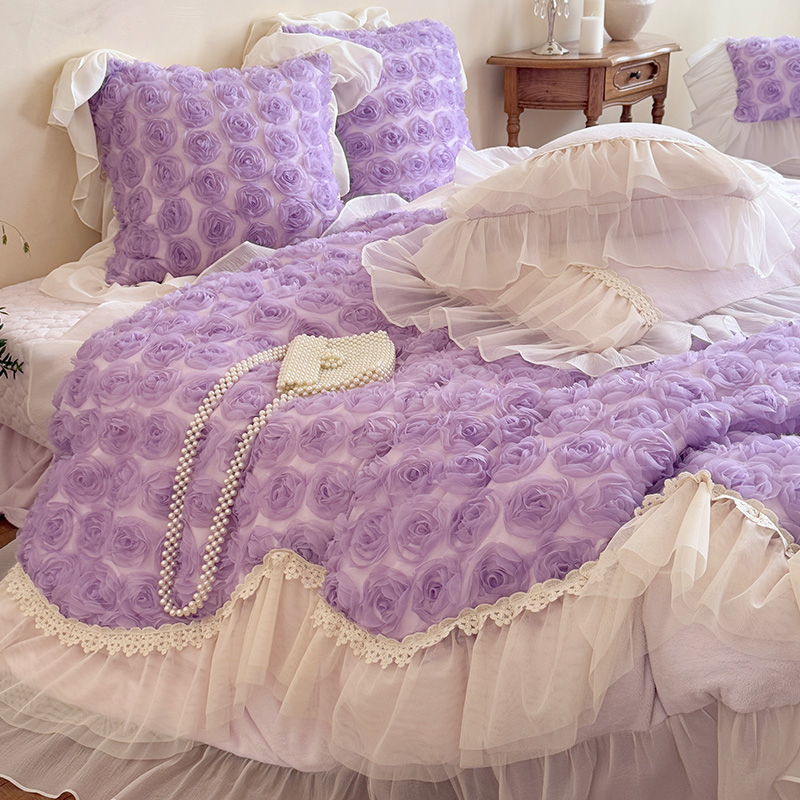 皇后娘娘公主风加厚牛奶绒四件套床盖款立体玫瑰花朵加绒保暖被套