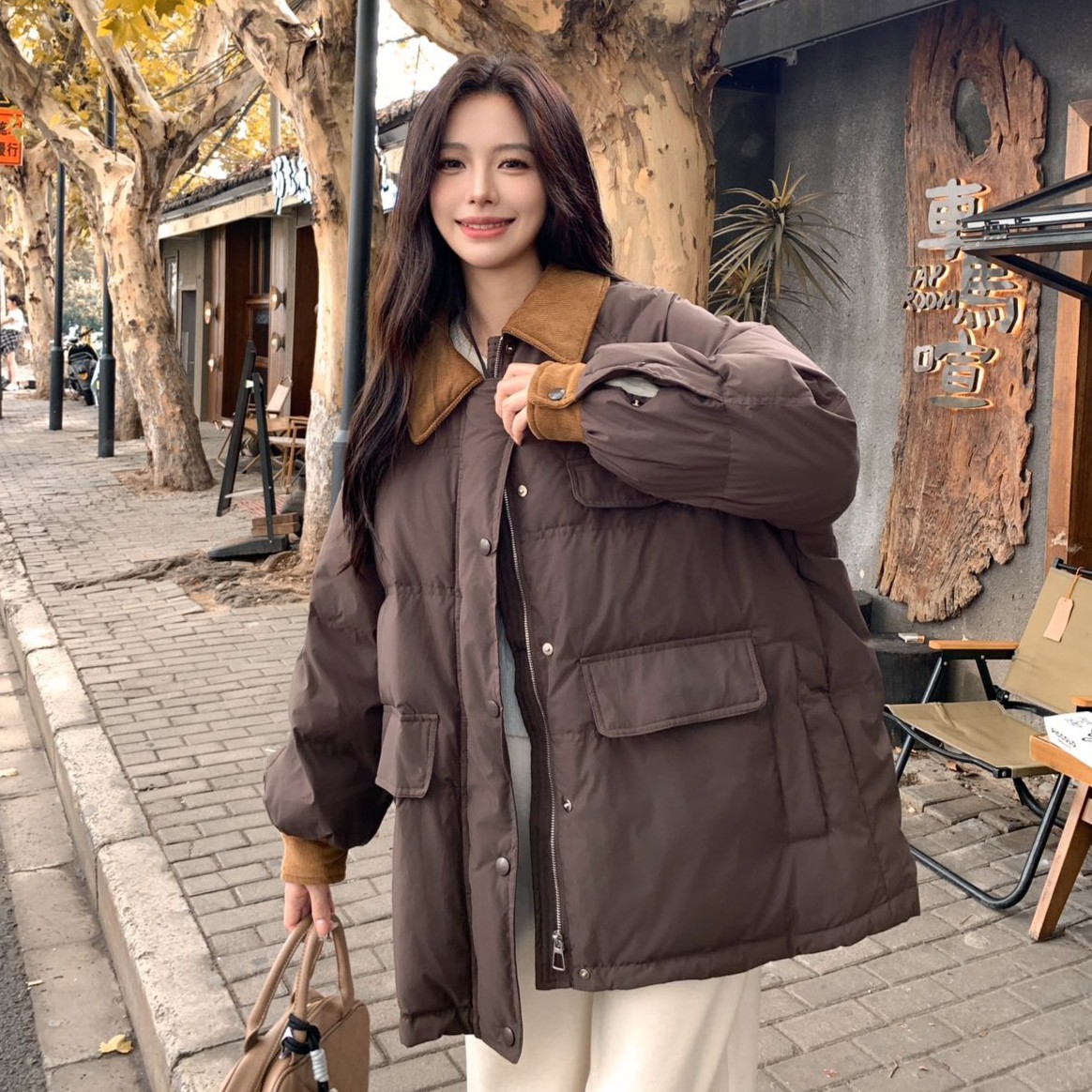 新款工装白鸭绒羽绒服女中长款大口袋海军领加厚保暖外套