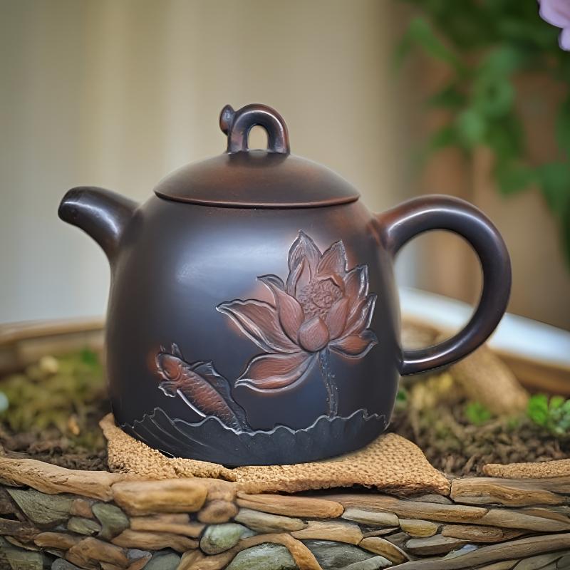 广西钦州坭兴陶秦权壶浮雕荷花鲤鱼手工拉坯手工雕刻约220毫升