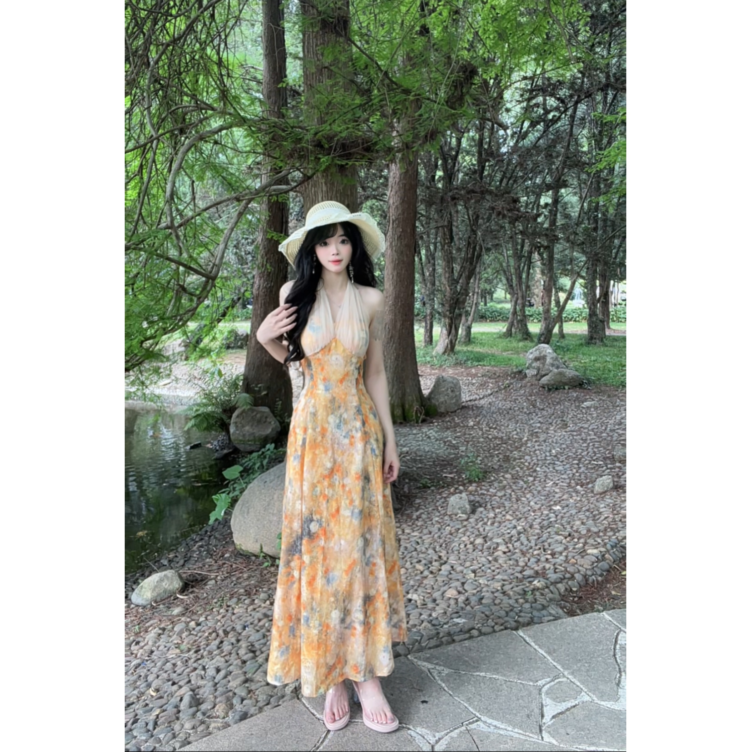 【繁花似梦】夏季性感连衣裙气质春夏收腰沙滩裙春季挂脖式长裙1770