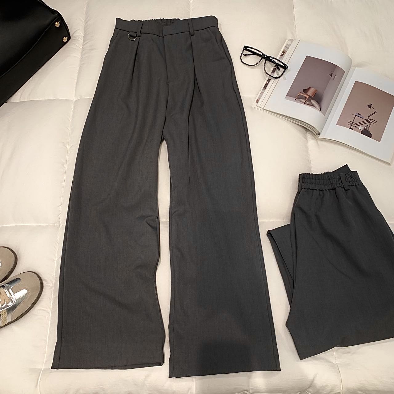 Q58松紧腰休闲阔腿裤女2025春季新款宽松垂感高腰显瘦直筒西装裤