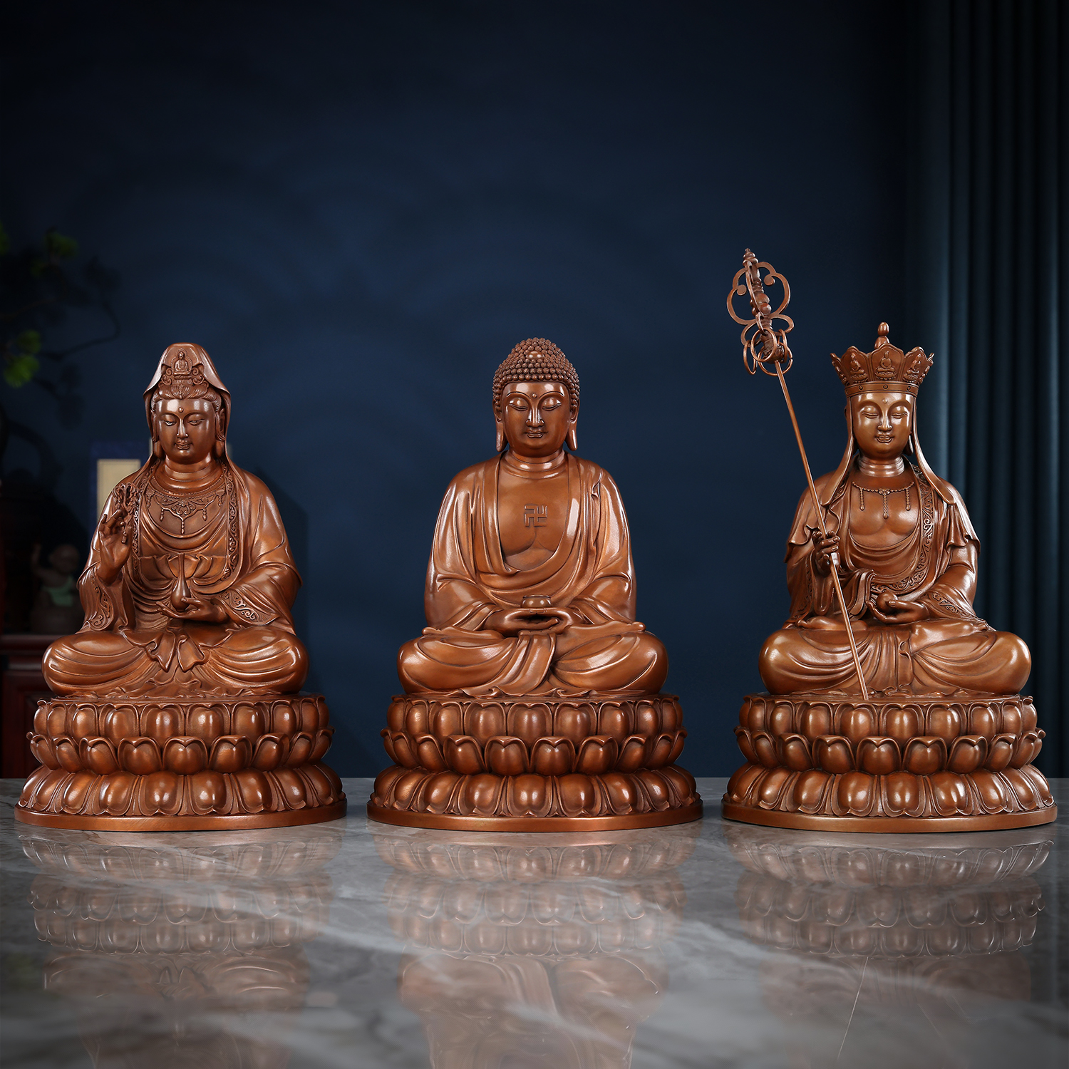 铜欣祥《紫铜娑婆三圣》地藏王观音菩萨释迦牟尼佛摆件家居装饰品
